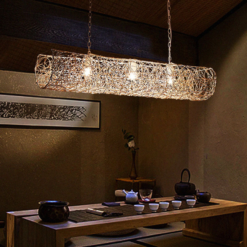 Elegant Rattan and Metal Cylinder Chandelier for Dining Room Lighting
