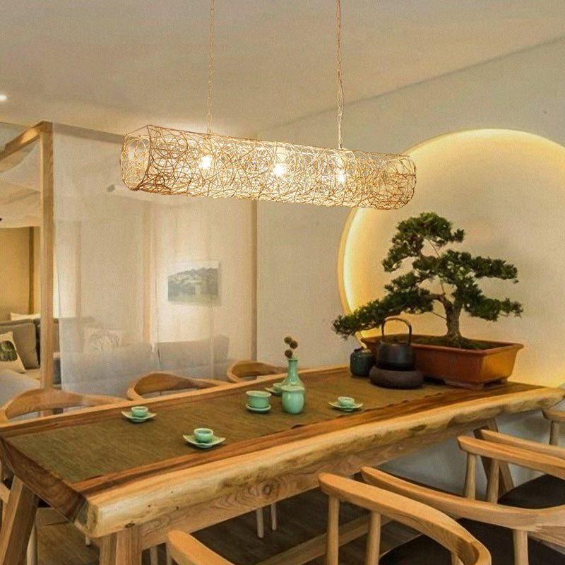 Elegant Rattan and Metal Cylinder Chandelier for Dining Room Lighting