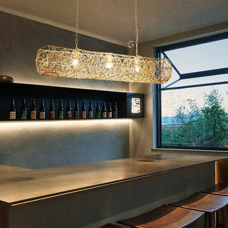 Elegant Rattan and Metal Cylinder Chandelier for Dining Room Lighting