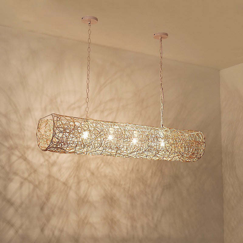Elegant Rattan and Metal Cylinder Chandelier for Dining Room Lighting