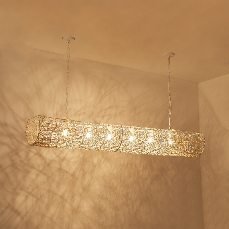 Elegant Rattan and Metal Cylinder Chandelier for Dining Room Lighting