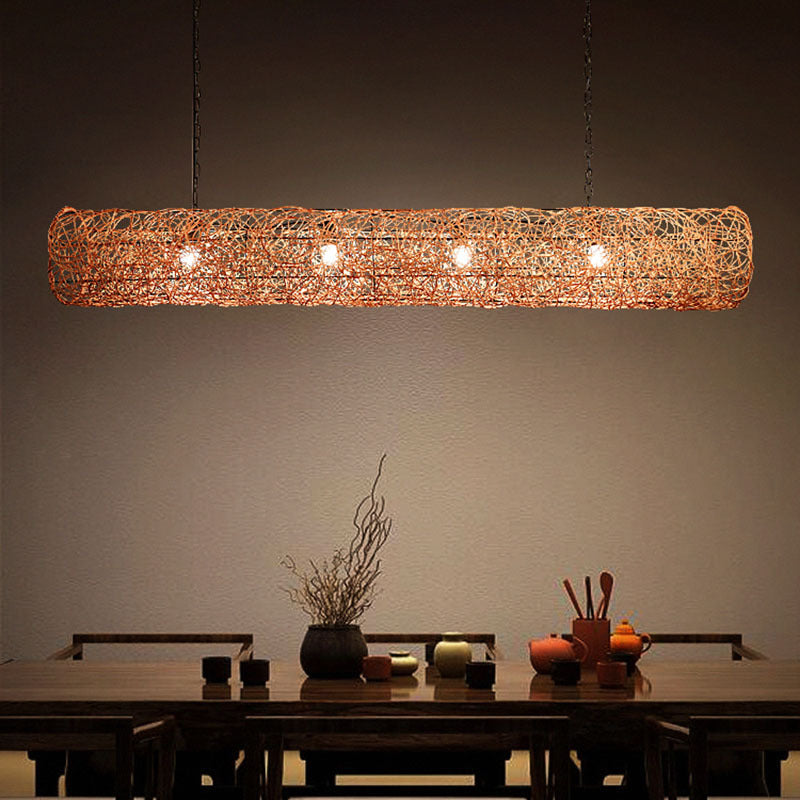 Elegant Rattan and Metal Cylinder Chandelier for Dining Room Lighting