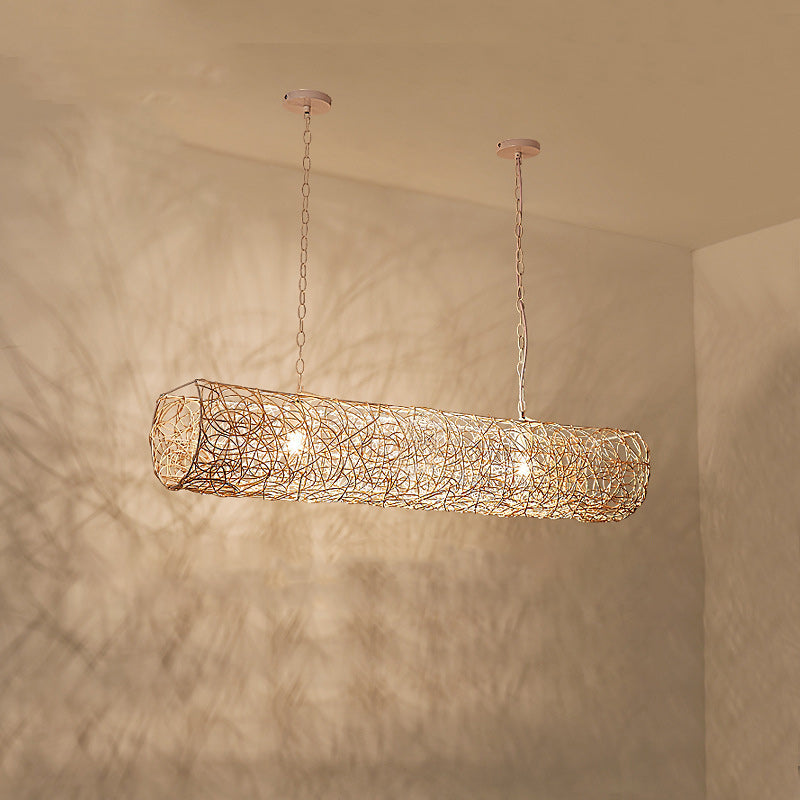 Elegant Rattan and Metal Cylinder Chandelier for Dining Room Lighting
