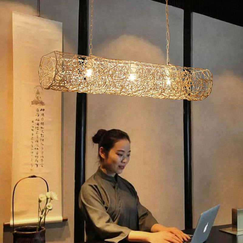Elegant Rattan and Metal Cylinder Chandelier for Dining Room Lighting