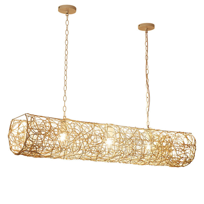 Elegant Rattan and Metal Cylinder Chandelier for Dining Room Lighting