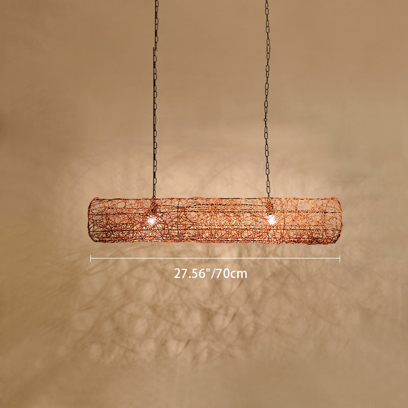 Elegant Rattan and Metal Cylinder Chandelier for Dining Room Lighting