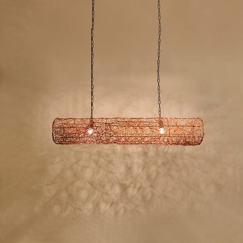 Elegant Rattan and Metal Cylinder Chandelier for Dining Room Lighting