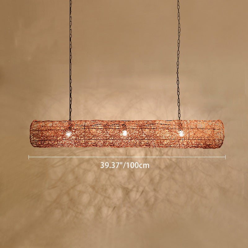 Elegant Rattan and Metal Cylinder Chandelier for Dining Room Lighting