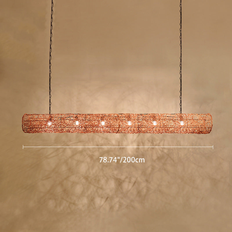Elegant Rattan and Metal Cylinder Chandelier for Dining Room Lighting
