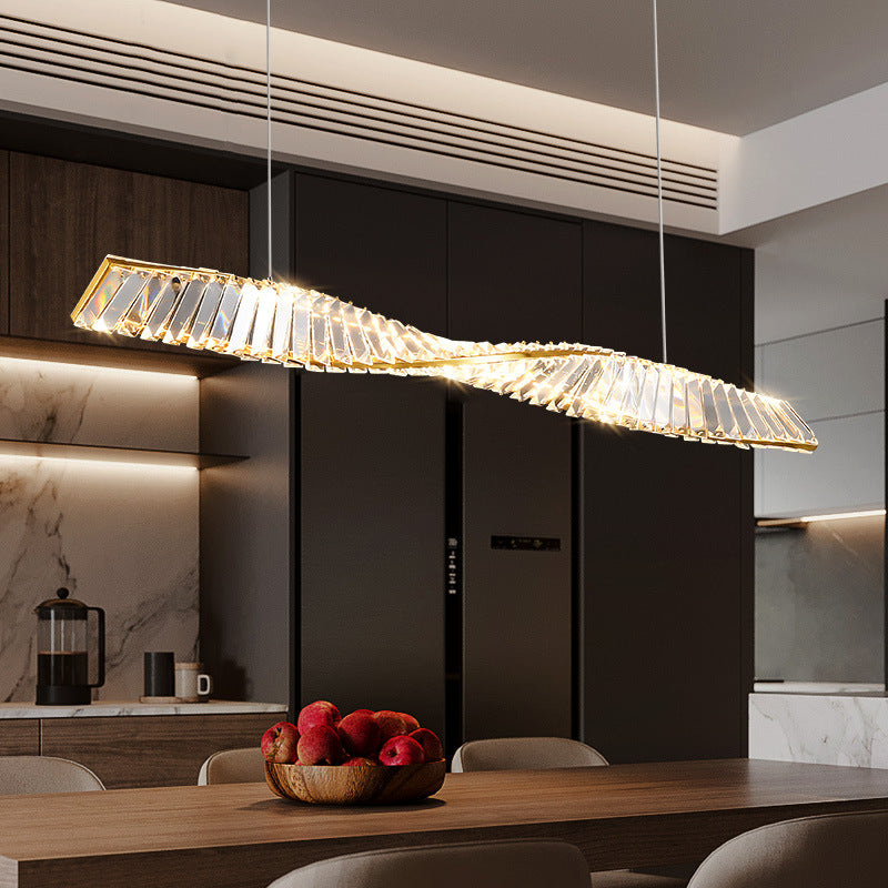 Modern Silver Crystal Iron Wave LED Island Chandelier for Dining Room