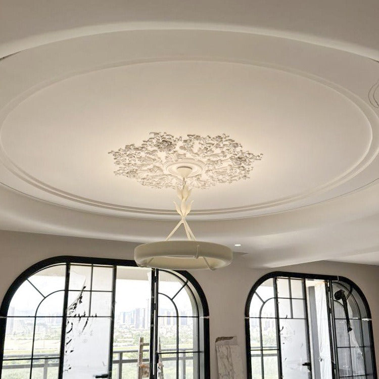 Antique White Floral Carved Metal Resin LED Chandelier for Living Room