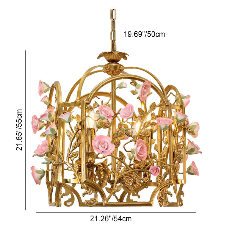 Classic European Brass and Ceramic Floral 4-Light Chandelier for Dining Room