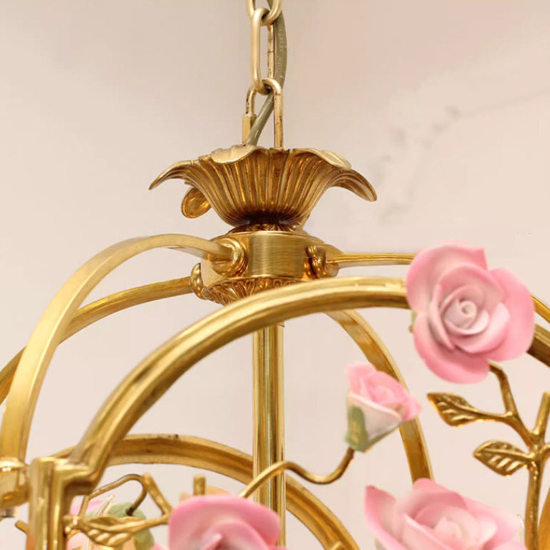 Classic European Brass and Ceramic Floral 4-Light Chandelier for Dining Room