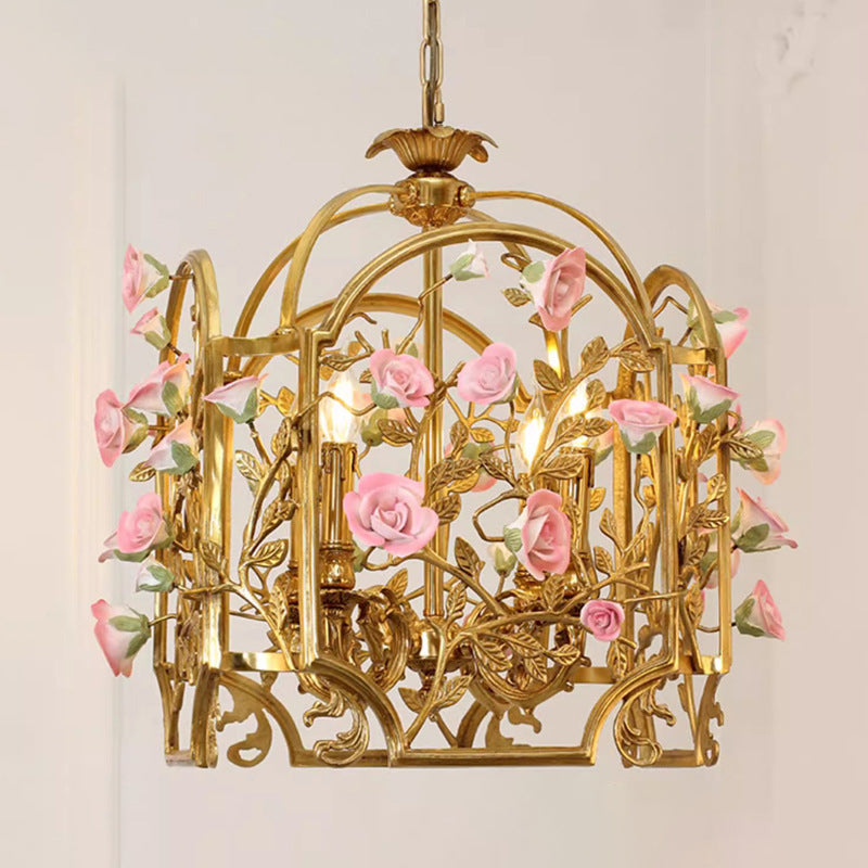 Classic European Brass and Ceramic Floral 4-Light Chandelier for Dining Room