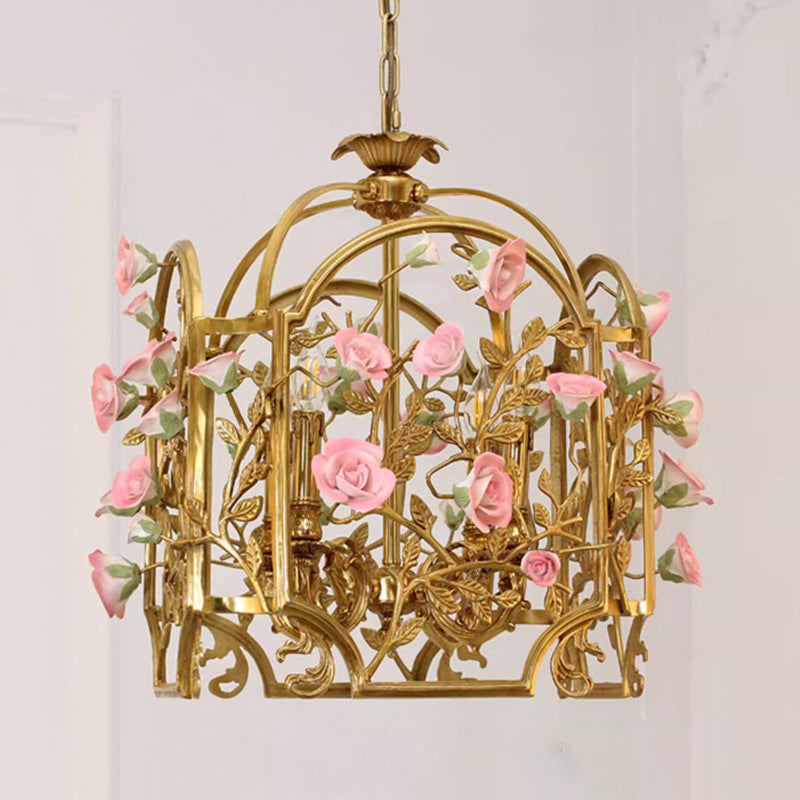 Classic European Brass and Ceramic Floral 4-Light Chandelier for Dining Room