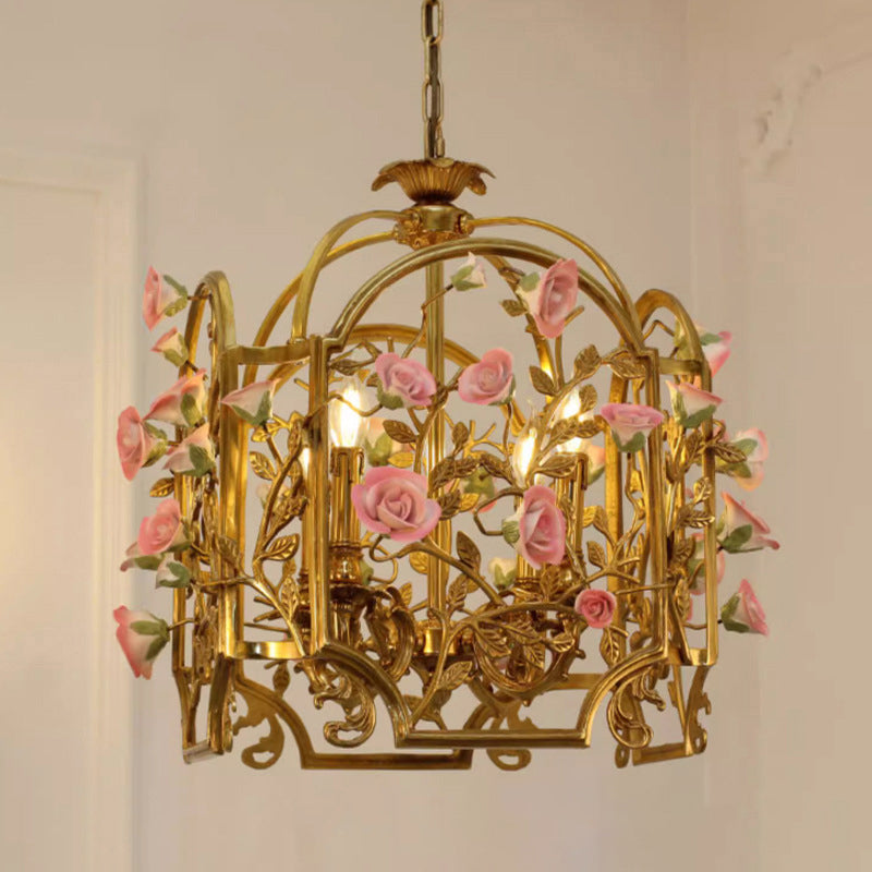 Classic European Brass and Ceramic Floral 4-Light Chandelier for Dining Room