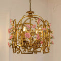 Classic European Brass and Ceramic Floral 4-Light Chandelier for Dining Room
