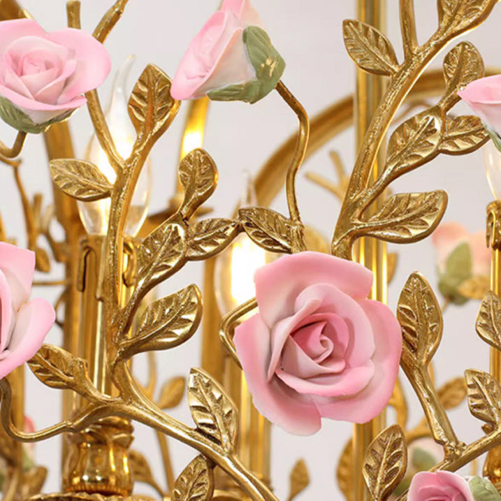 Classic European Brass and Ceramic Floral 4-Light Chandelier for Dining Room