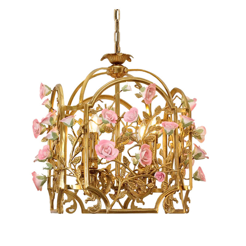 Classic European Brass and Ceramic Floral 4-Light Chandelier for Dining Room