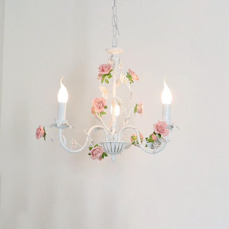 Elegant White Ceramic and Iron Rose Branch Candlestick Chandeliers for Living Room