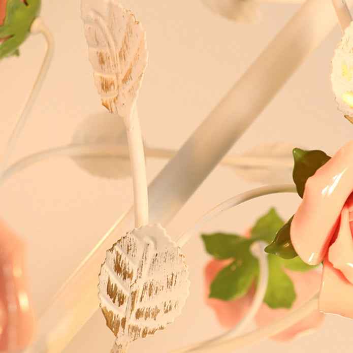 Elegant White Ceramic and Iron Rose Branch Candlestick Chandeliers for Living Room
