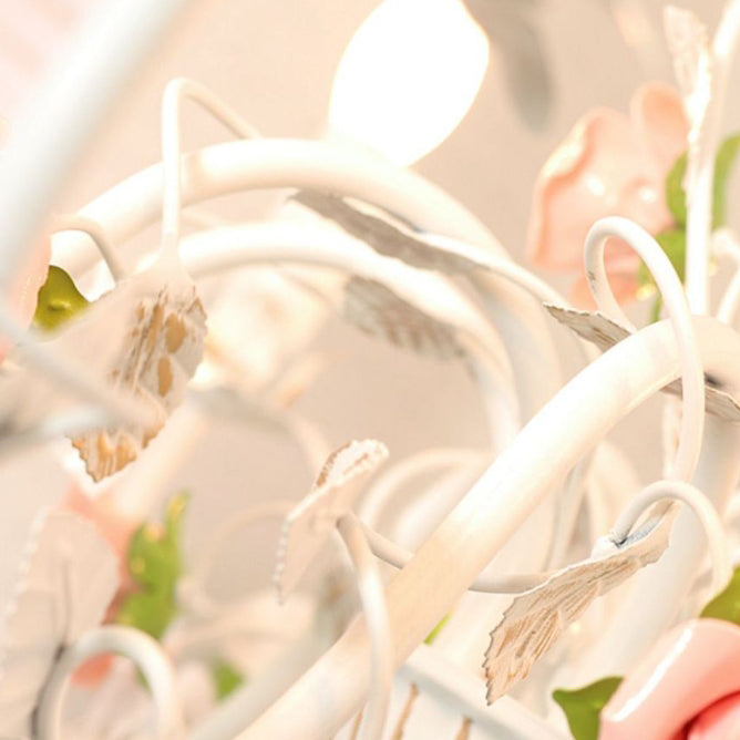 Elegant White Ceramic and Iron Rose Branch Candlestick Chandeliers for Living Room
