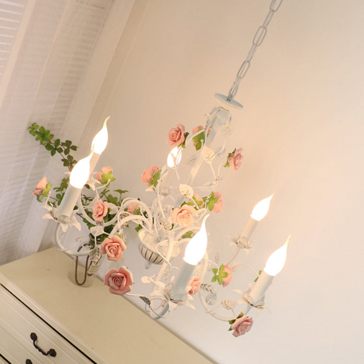Elegant White Ceramic and Iron Rose Branch Candlestick Chandeliers for Living Room