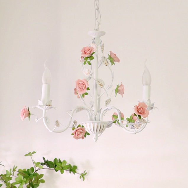Elegant White Ceramic and Iron Rose Branch Candlestick Chandeliers for Living Room