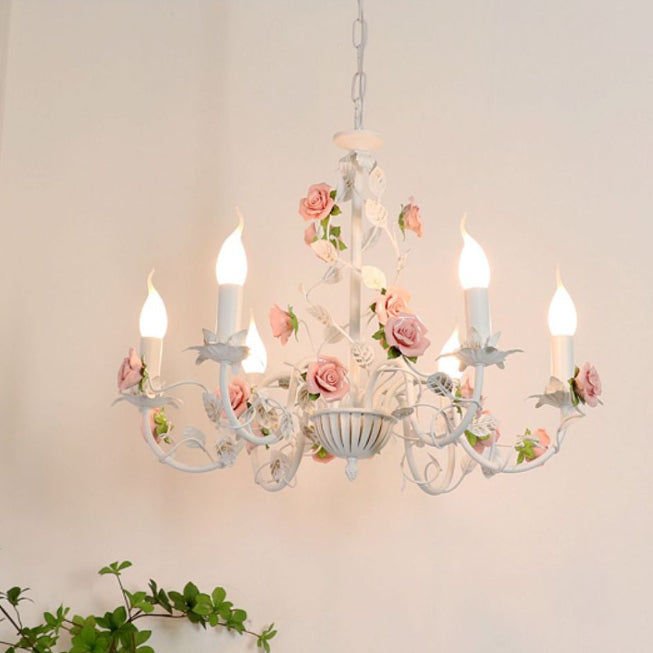 Elegant White Ceramic and Iron Rose Branch Candlestick Chandeliers for Living Room