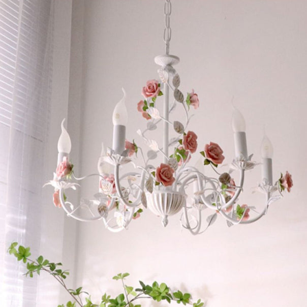 Elegant White Ceramic and Iron Rose Branch Candlestick Chandeliers for Living Room