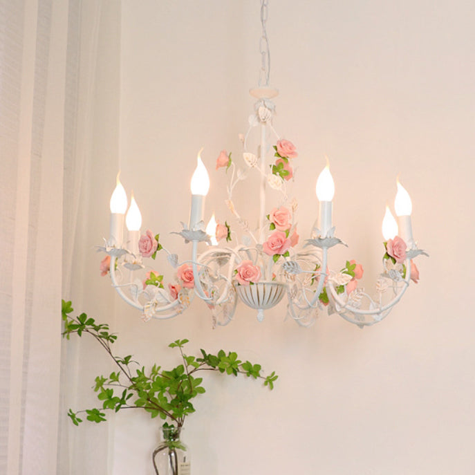 Elegant White Ceramic and Iron Rose Branch Candlestick Chandeliers for Living Room
