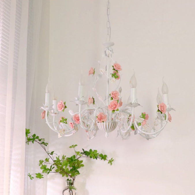 Elegant White Ceramic and Iron Rose Branch Candlestick Chandeliers for Living Room