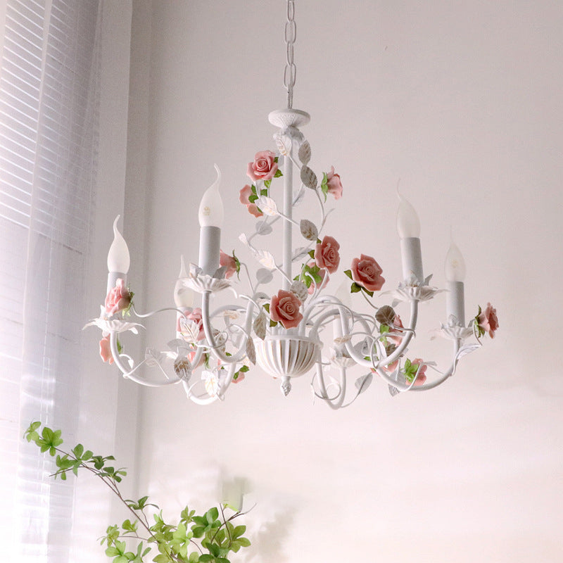 Elegant White Ceramic and Iron Rose Branch Candlestick Chandeliers for Living Room