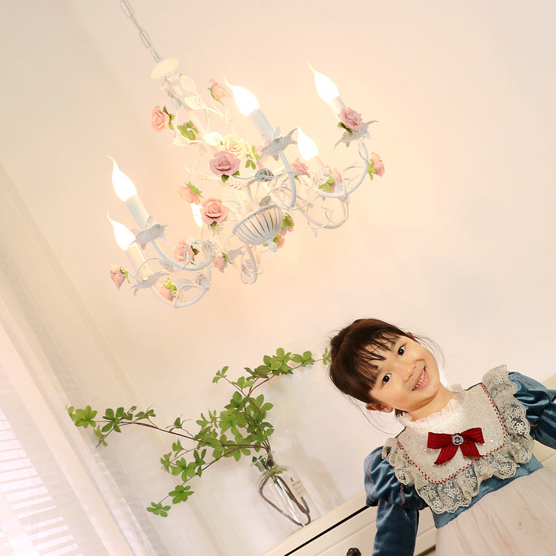 Elegant White Ceramic and Iron Rose Branch Candlestick Chandeliers for Living Room