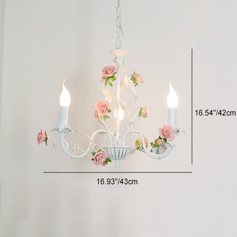 Elegant White Ceramic and Iron Rose Branch Candlestick Chandeliers for Living Room