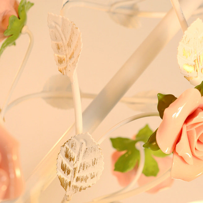 Elegant White Ceramic and Iron Rose Branch Candlestick Chandeliers for Living Room