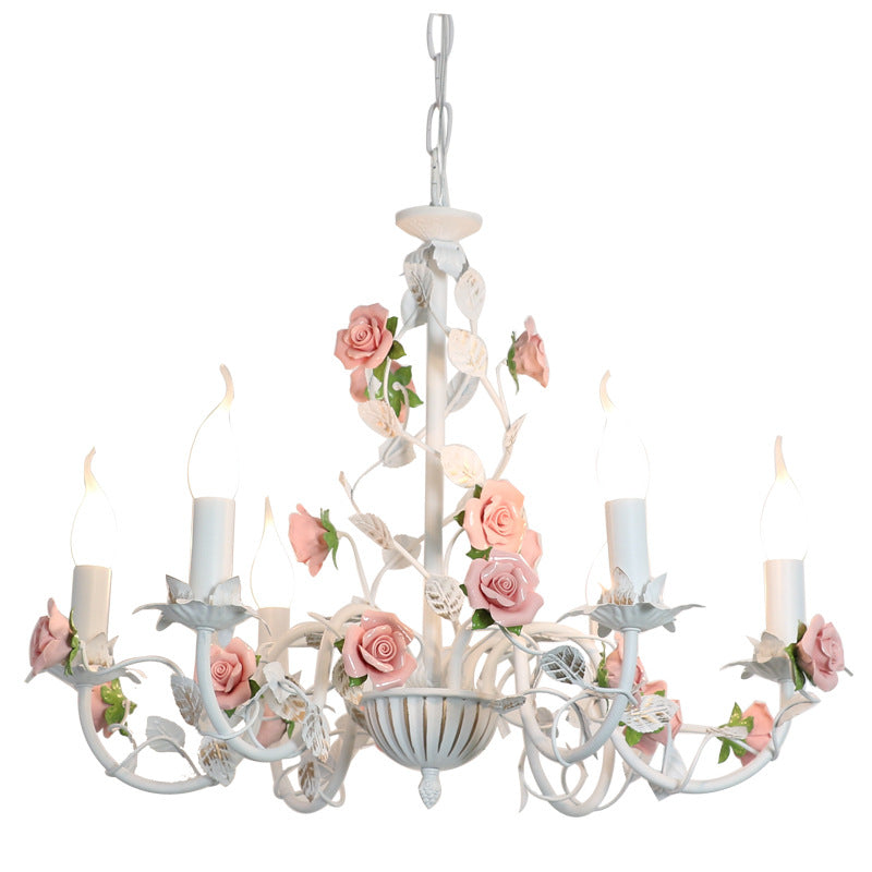 Elegant White Ceramic and Iron Rose Branch Candlestick Chandeliers for Living Room