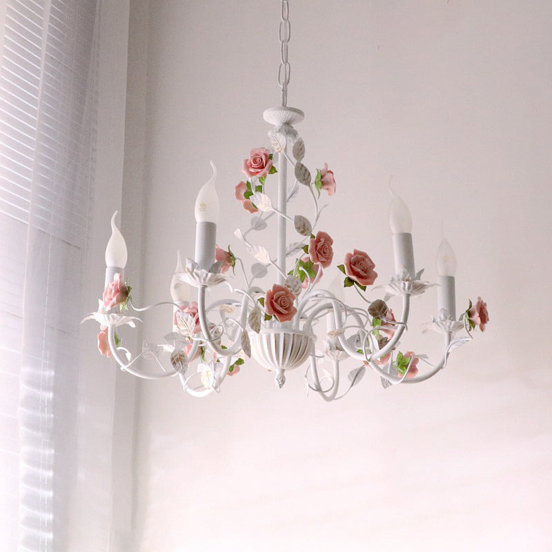 Elegant White Ceramic and Iron Rose Branch Candlestick Chandeliers for Living Room