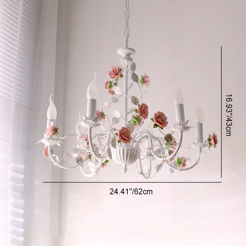 Elegant White Ceramic and Iron Rose Branch Candlestick Chandeliers for Living Room