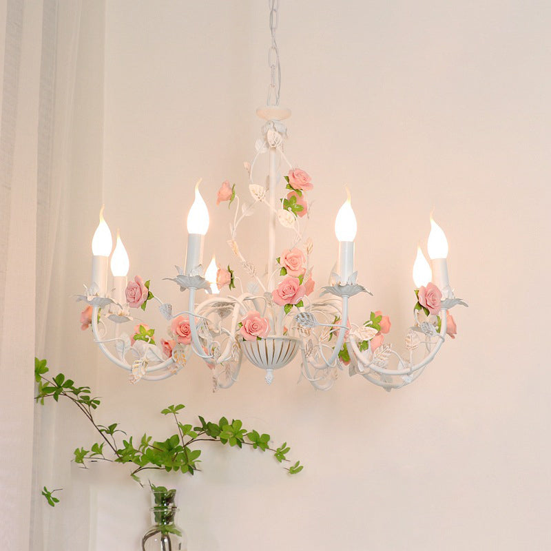 Elegant White Ceramic and Iron Rose Branch Candlestick Chandeliers for Living Room