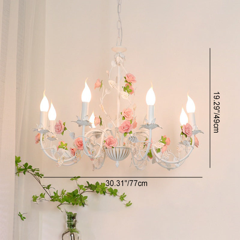 Elegant White Ceramic and Iron Rose Branch Candlestick Chandeliers for Living Room