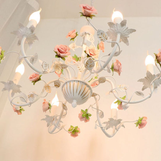 Elegant White Ceramic and Iron Rose Branch Candlestick Chandeliers for Living Room