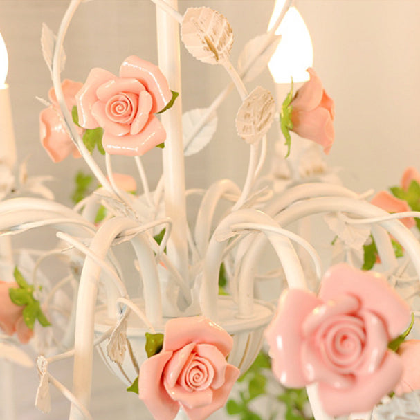 Elegant White Ceramic and Iron Rose Branch Candlestick Chandeliers for Living Room