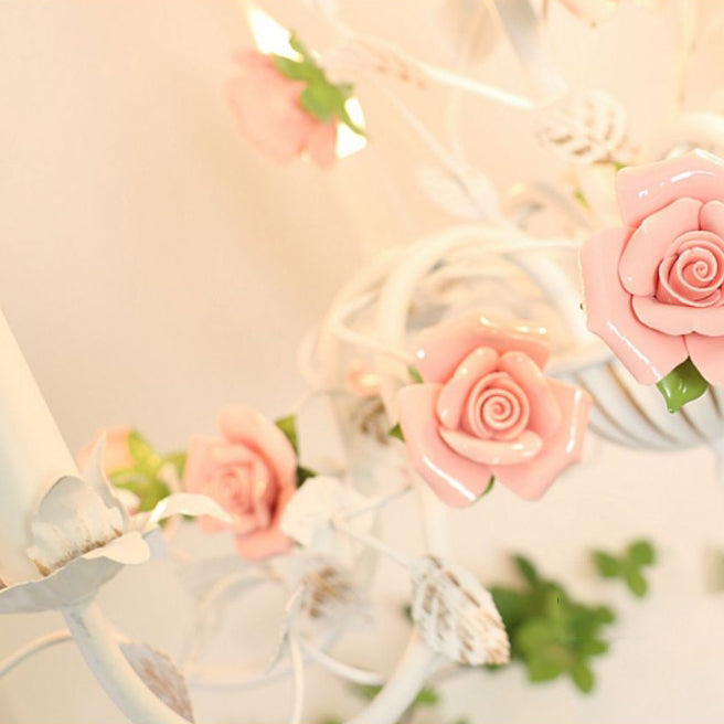 Elegant White Ceramic and Iron Rose Branch Candlestick Chandeliers for Living Room