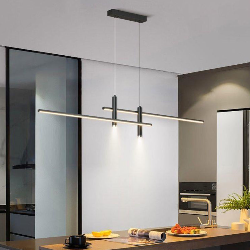 Sleek Minimalist Black Iron & Aluminum LED Island Chandelier for Dining Room