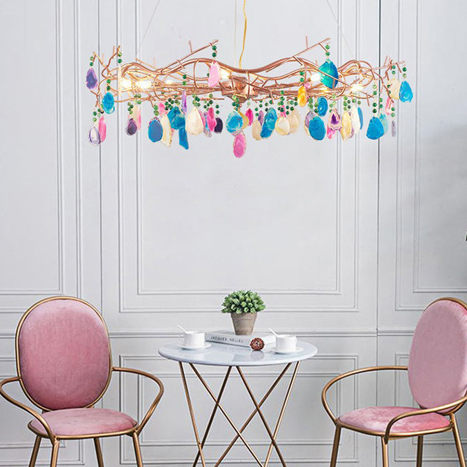 Art Deco Sliced Agate & Iron 6/8 Light Chandelier for Living Room