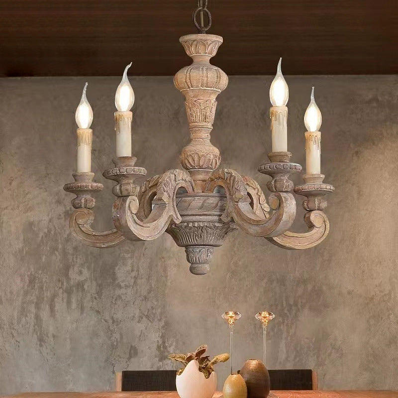 Rustic Vintage Wood Candle Pillar Chandelier Light for Living Room Decor