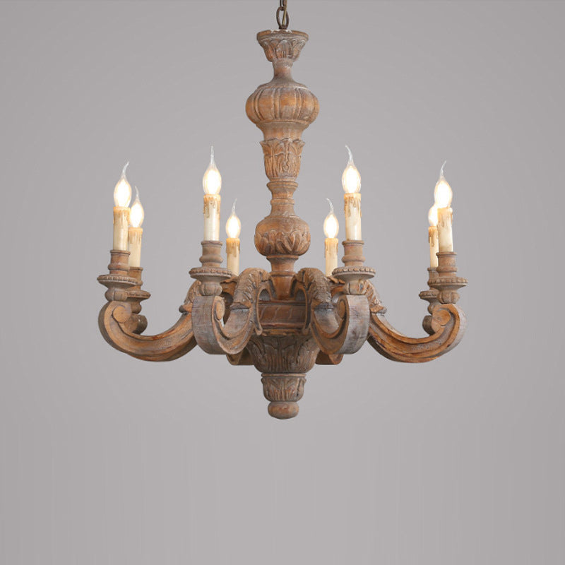 Rustic Vintage Wood Candle Pillar Chandelier Light for Living Room Decor