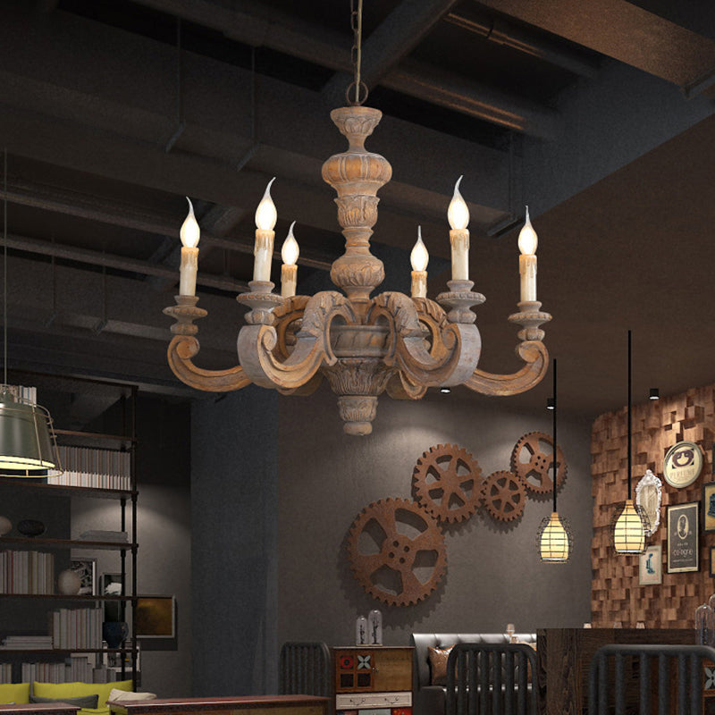 Rustic Vintage Wood Candle Pillar Chandelier Light for Living Room Decor