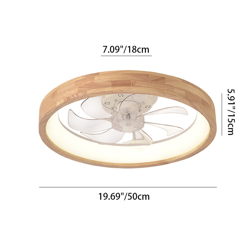 Traditional Japanese Solid Wood Round LED Flush Mount Ceiling Fan Light